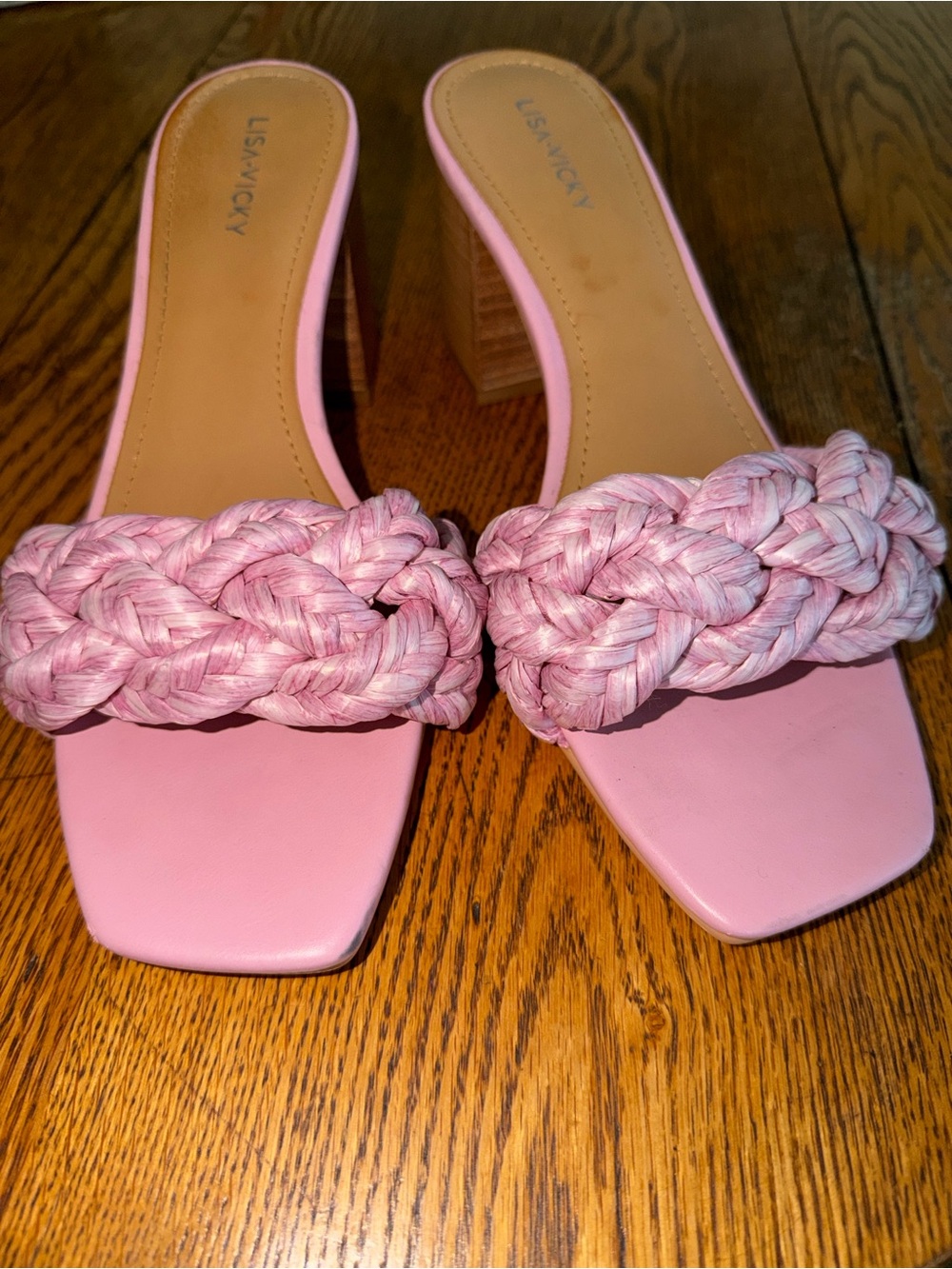 LISA VICKY Pink Braided Block Heel Sandals
